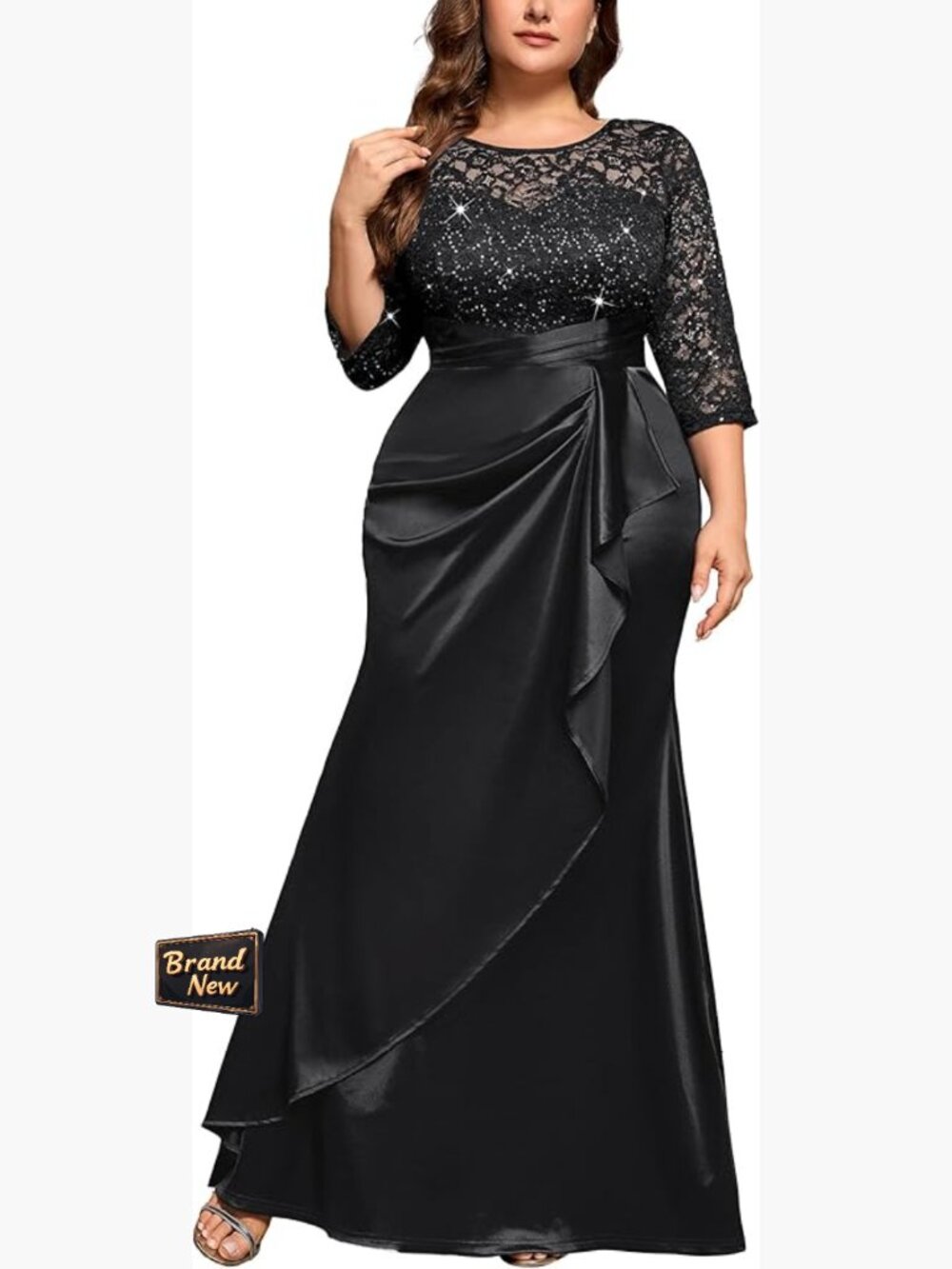 Plus Size Sequin Lace Mermaid Formal Maxi Dress with Ruched Satin